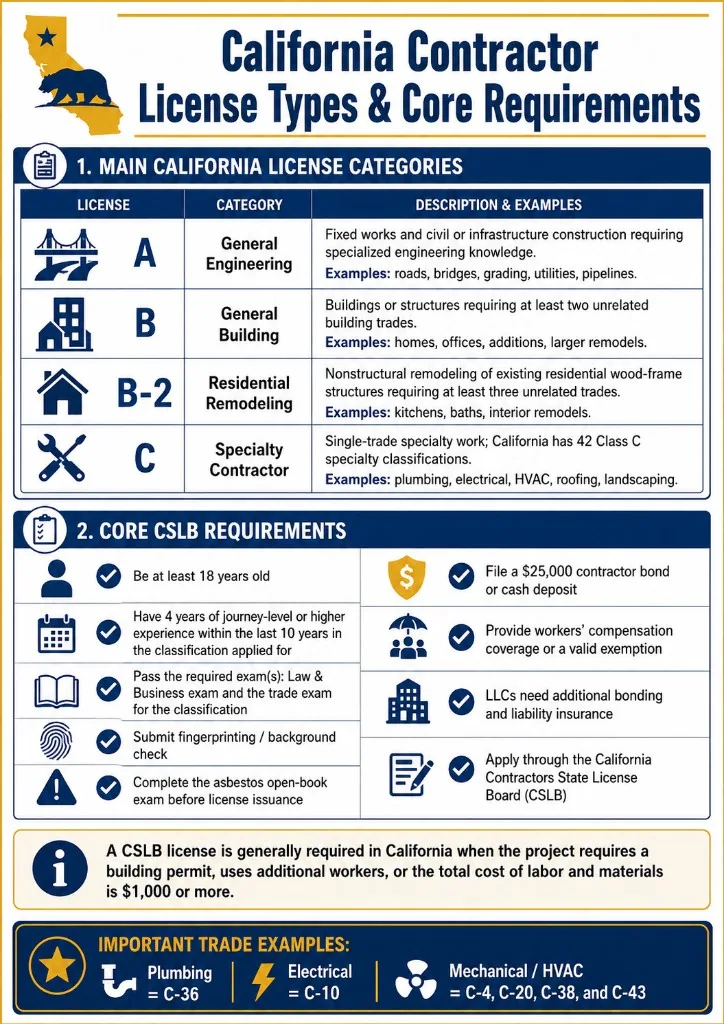 California contractor license categories and CSLB core requirements infographic