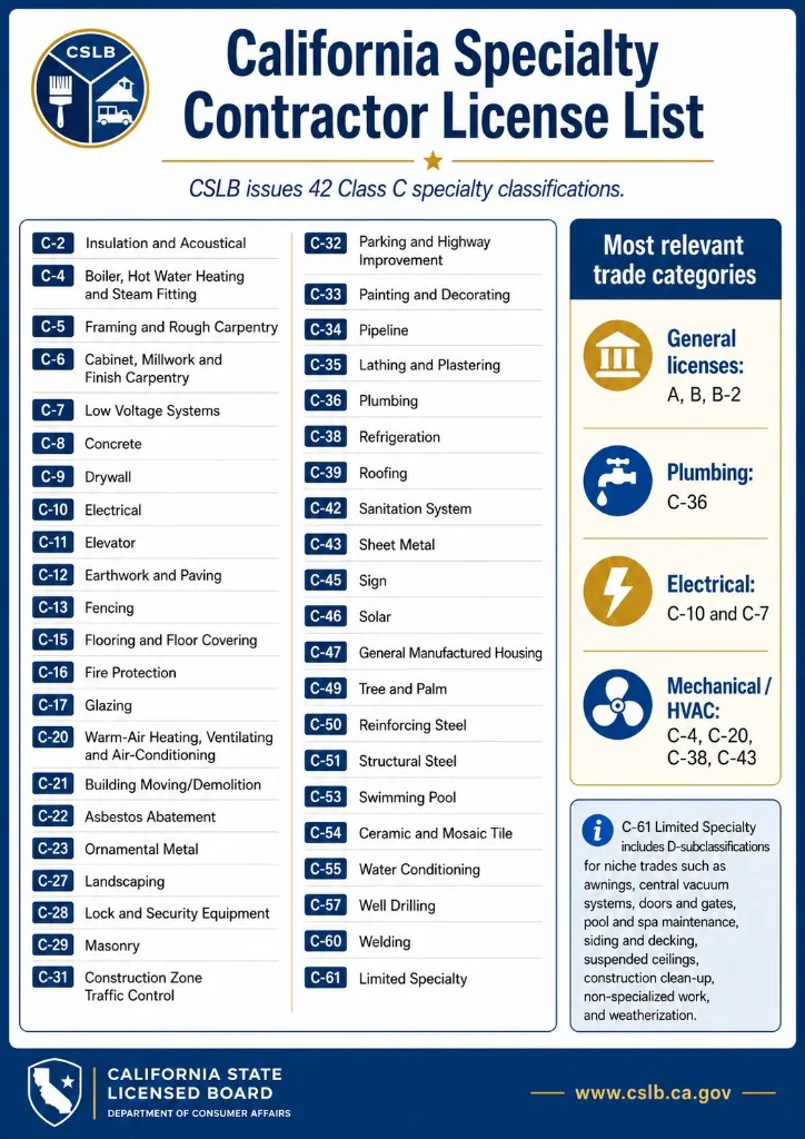California CSLB specialty contractor license classifications list