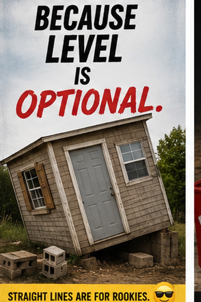 Funny construction fail poster showing a crooked shed and the phrase because level is optional.