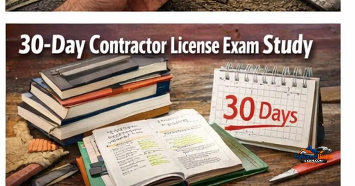 30-day contractor license exam study plan with books, notes, and calendar
