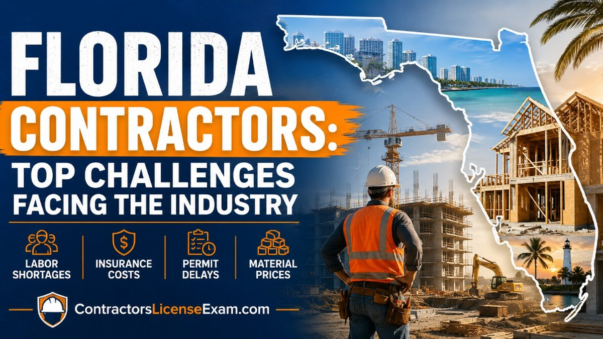 Florida contractor reviewing building plans on an active construction site while facing labor shortages, licensing deadlines, and building-code changes.