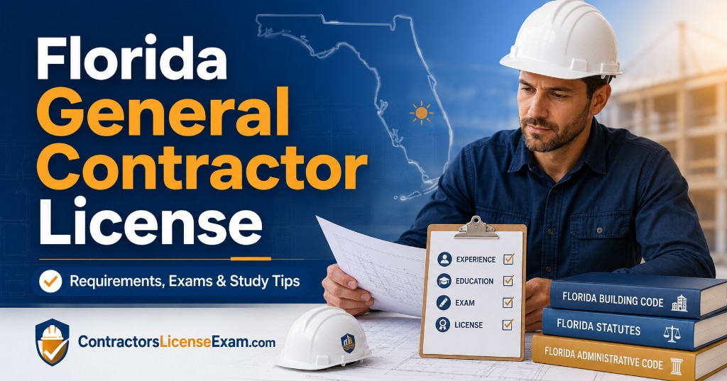 Contractor studying for the Florida general contractor license exam using construction code books and online practice questions.