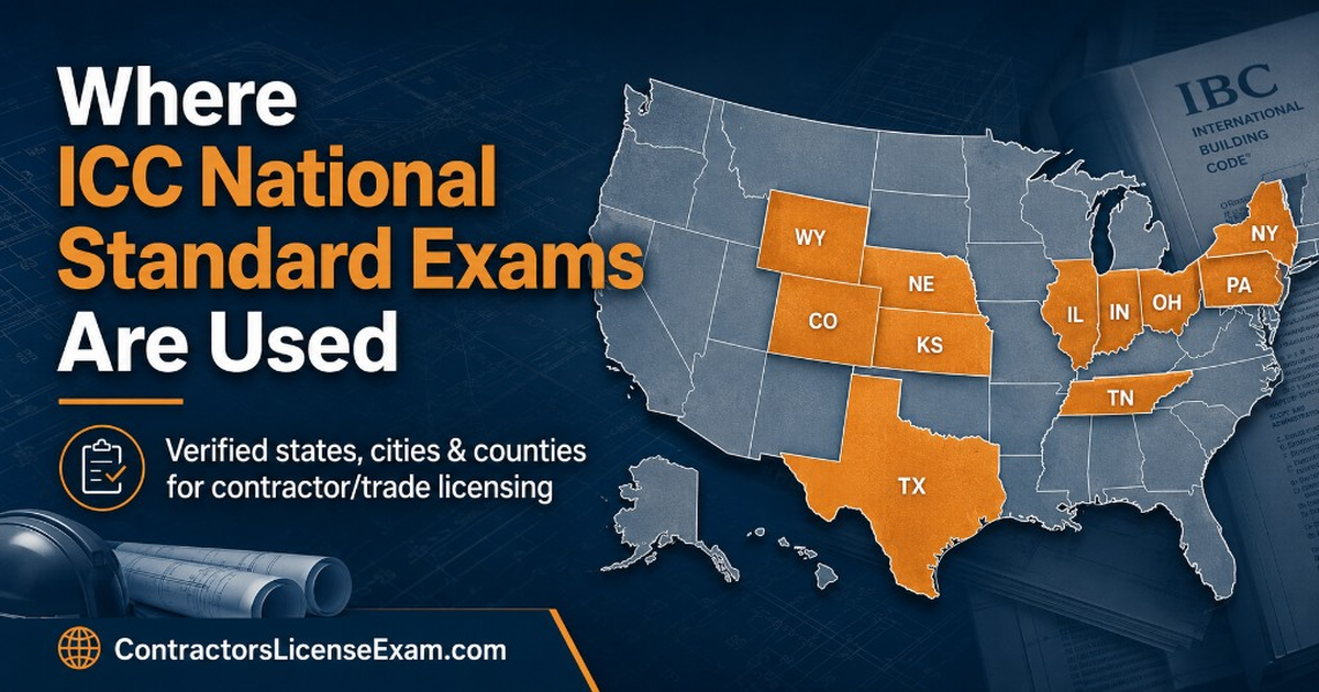 Map of U.S. states where ICC National Standard contractor and trade exams are used for licensing.