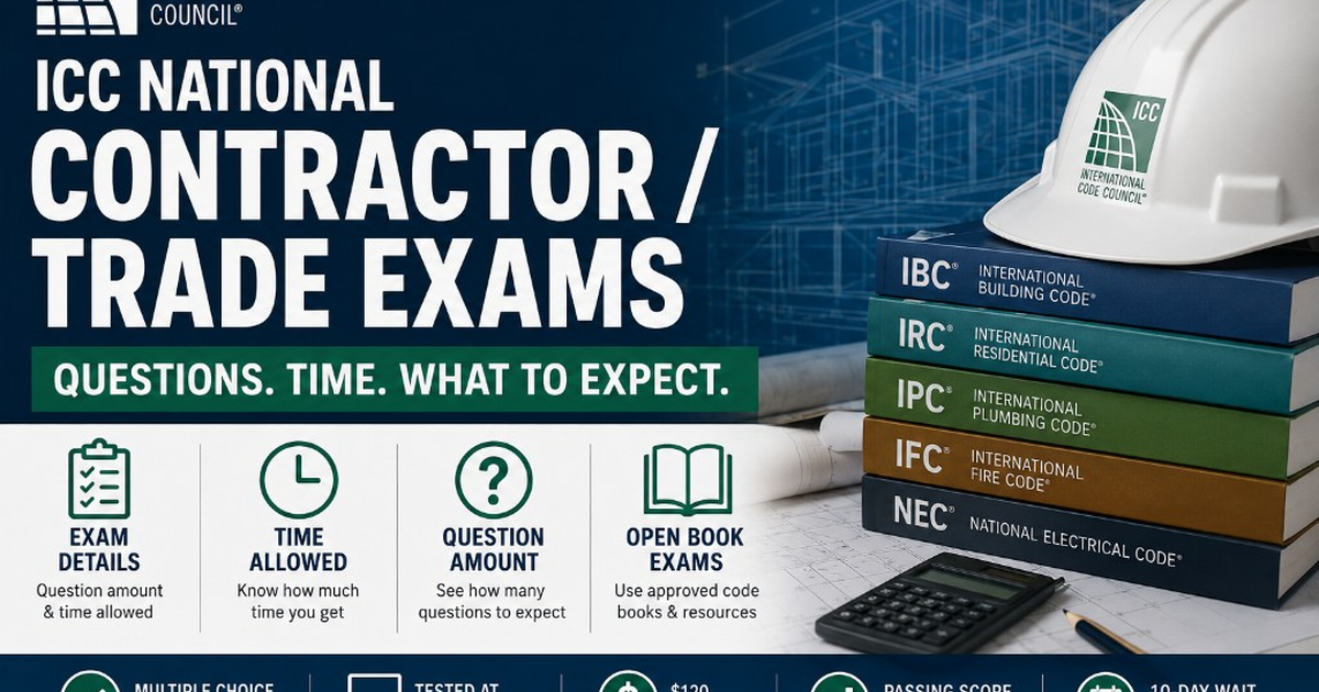 ICC National Contractor and Trade exams overview showing questions, time limits, open-book format and Pearson VUE testing.