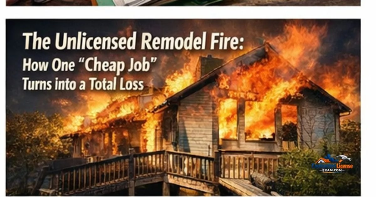 The unlicensed remodel fire — house fire illustrating total loss risk from unlicensed work
